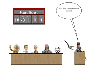 And now, a word from our
                                          sponsor.
     Score Board
Al    Bill   Francis   Ben   Sue


18 -8 1 0 4
 