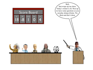 Well,
                                      that wraps up our show.
                                   Today’s winner is Al. Next up
                                   we have some questions so you
     Score Board                    can play along at home. Try
                                       them and don’t cheat.
Al    Bill   Francis   Ben   Sue


18 -8 1 0 4
 