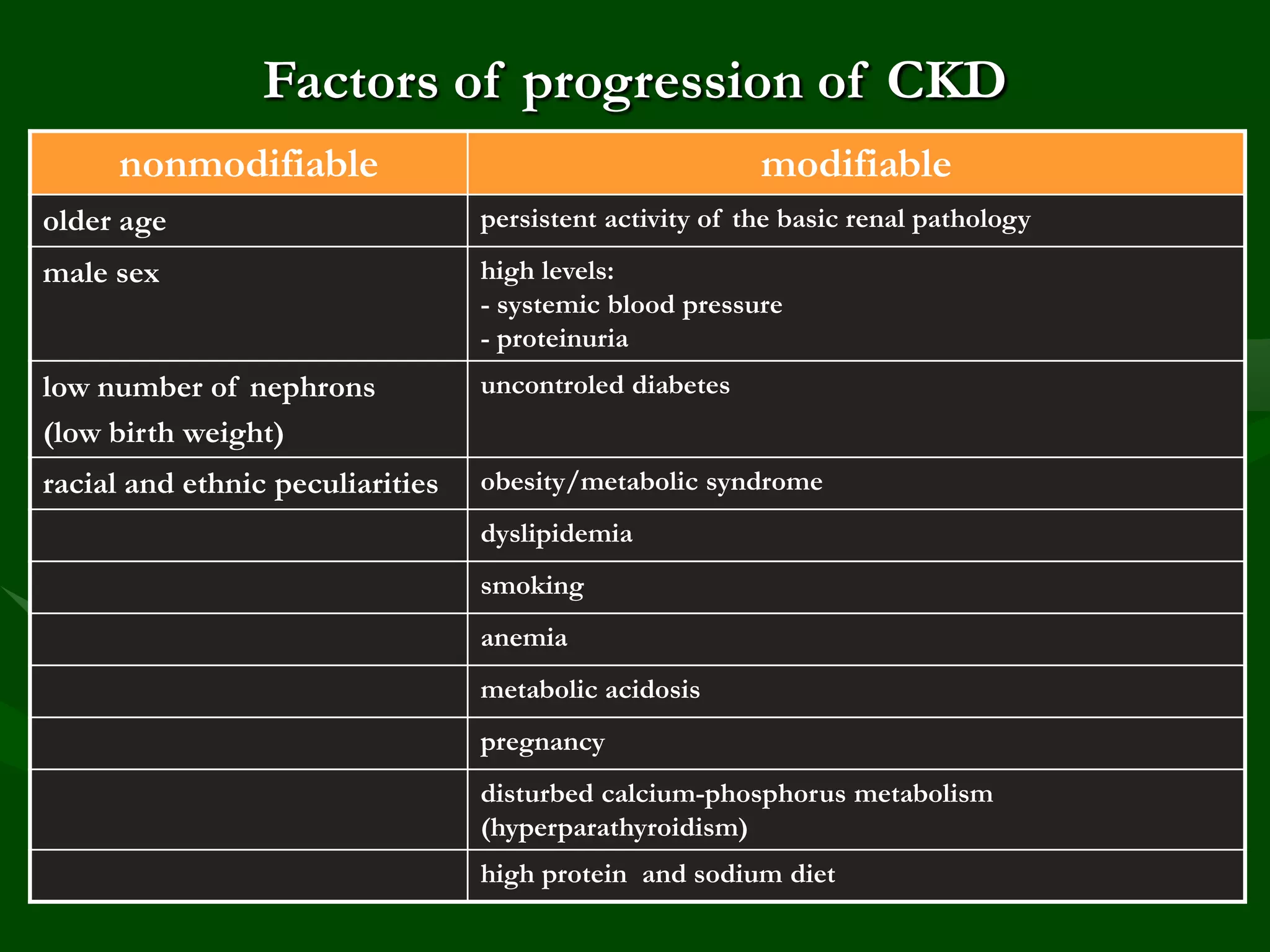 Factors of progression of CKD
nonmodifiable

modifiable

older age

persistent activity of the basic renal pathology

male sex

high levels:
- systemic blood pressure
- proteinuria

low number of nephrons
(low birth weight)

uncontroled diabetes

racial and ethnic peculiarities

obesity/metabolic syndrome
dyslipidemia
smoking
anemia
metabolic acidosis

pregnancy
disturbed calcium-phosphorus metabolism
(hyperparathyroidism)
high protein and sodium diet

 
