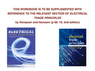 THIS WORKBOOK IS TO BE SUPPLEMENTED WITH
REFERENCE TO THE RELEVANT SECTION OF ELECTRICAL
                 TRADE PRINCIPLES
    by Hampson and Hanssen (p 68- 70, 2nd edition)
 