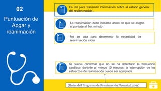 Puntuación de
Apgar y
reanimación
Es útil para transmitir información sobre el estado general
del recién nacido .
La reanimación debe iniciarse antes de que se asigne
el puntaje al 1er. minuto
(Guías del Programa de Reanimación Neonatal, 2011)
No se usa para determinar la necesidad de
reanimación inicial
Si puede confirmar que no se ha detectado la frecuencia
cardíaca durante al menos 10 minutos, la interrupción de los
esfuerzos de reanimación puede ser apropiada.
02
 