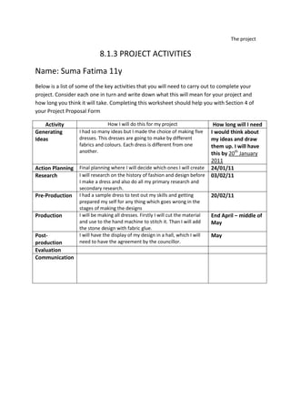 The project<br />8.1.3 PROJECT ACTIVITIES<br />Name: Suma Fatima 11y<br />Below is a list of some of the key activities that you will need to carry out to complete your project. Consider each one in turn and write down what this will mean for your project and how long you think it will take. Completing this worksheet should help you with Section 4 of your Project Proposal Form<br />ActivityHow I will do this for my projectHow long will I needGenerating IdeasI had so many ideas but I made the choice of making five dresses. This dresses are going to make by different fabrics and colours. Each dress is different from one another.I would think about my ideas and draw them up. I will have this by 20th January 2011Action PlanningFinal planning where I will decide which ones I will create24/01/11ResearchI will research on the history of fashion and design before I make a dress and also do all my primary research and secondary research.03/02/11Pre-ProductionI had a sample dress to test out my skills and getting prepared my self for any thing which goes wrong in the stages of making the designs 20/02/11ProductionI will be making all dresses. Firstly I will cut the material and use to the hand machine to stitch it. Than I will add the stone design with fabric glue.End April – middle of MayPost-productionI will have the display of my design in a hall, which I will need to have the agreement by the councillor. MayEvaluationCommunication<br />