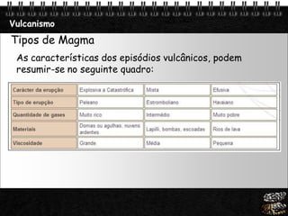 Page  17
Vulcanismo
Tipos de Magma
As características dos episódios vulcânicos, podem
resumir-se no seguinte quadro:
 