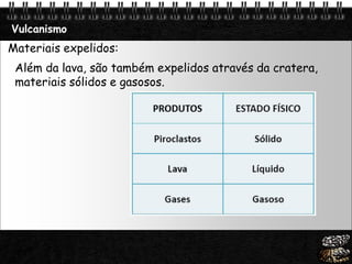 Page  26
Vulcanismo
Materiais expelidos:
Além da lava, são também expelidos através da cratera,
materiais sólidos e gasosos.
 