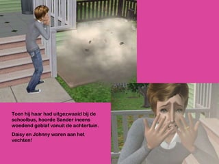 Toen hij haar had uitgezwaaid bij de schoolbus, hoorde Sander ineens woedend geblaf vanuit de achtertuin.  Daisy en Johnny waren aan het vechten! 