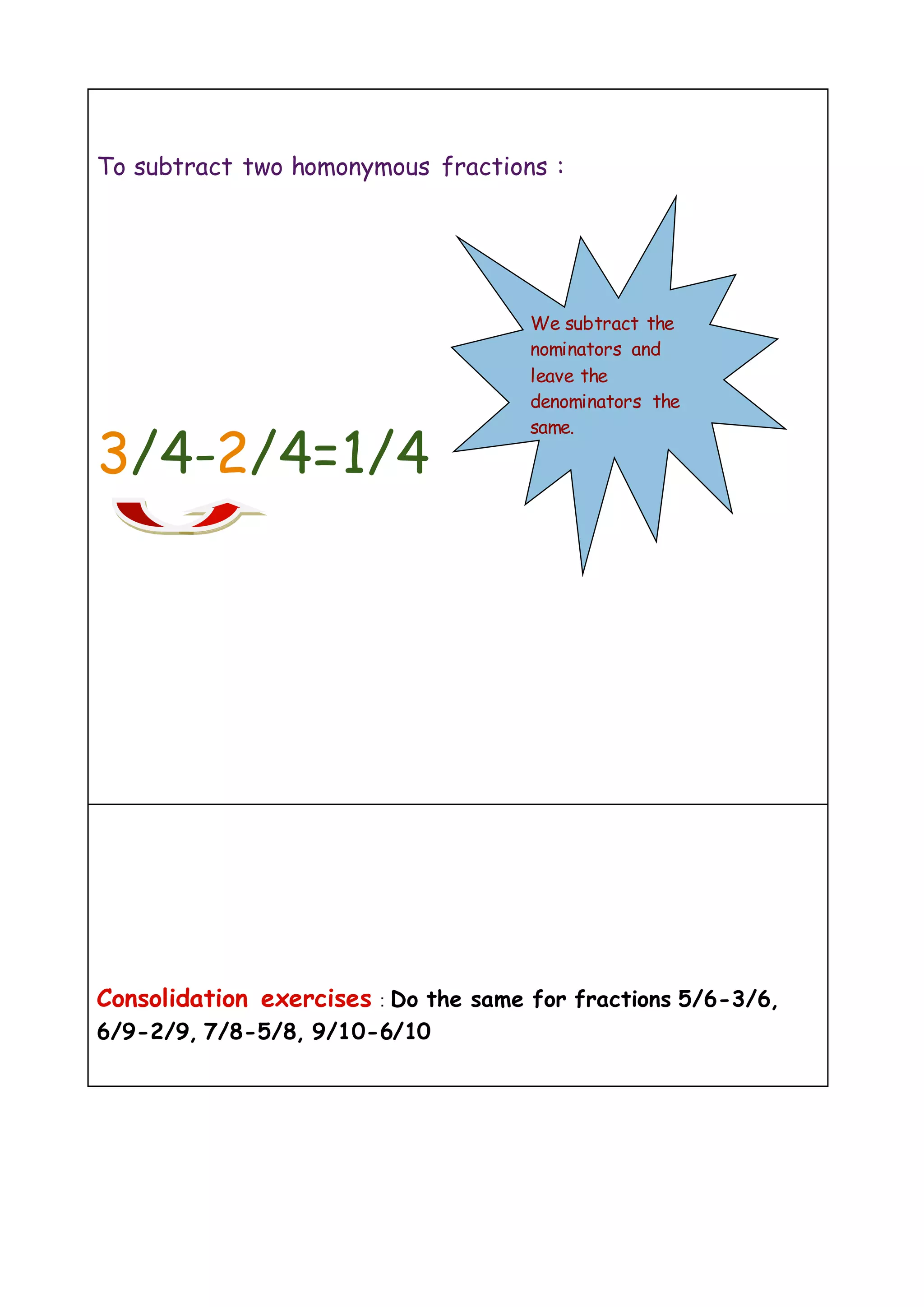 To subtract two homonymous fractions :
3/4-2/4=1/4
Consolidation exercises : Do the same for fractions 5/6-3/6,
6/9-2/9, 7/8-5/8, 9/10-6/10
We subtract the
nominators and
leave the
denominators the
same.
 