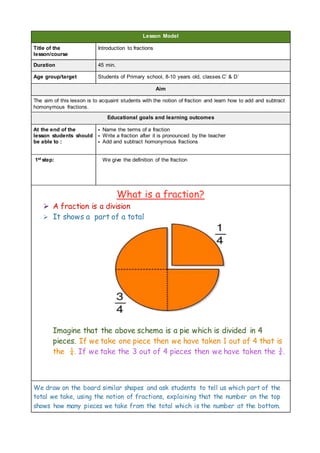 Lesson Model
Title of the
lesson/course
Introduction to fractions
Duration 45 min.
Age group/target Students of Primary school, 8-10 years old, classes C’ & D΄
Aim
The aim of this lesson is to acquaint students with the notion of fraction and learn how to add and subtract
homonymous fractions.
Educational goals and learning outcomes
At the end of the
lesson students should
be able to :
• Name the terms of a fraction
• Write a fraction after it is pronounced by the teacher
• Add and subtract homonymous fractions
1st step: We give the definition of the fraction
What is a fraction?
 A fraction is a division
 It shows a part of a total
Imagine that the above schema is a pie which is divided in 4
pieces. If we take one piece then we have taken 1 out of 4 that is
the ¼. If we take the 3 out of 4 pieces then we have taken the ¾.
We draw on the board similar shapes and ask students to tell us which part of the
total we take, using the notion of fractions, explaining that the number on the top
shows how many pieces we take from the total which is the number at the bottom.
 