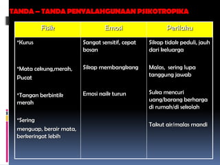TANDA – TANDA PENYALAHGUNAANPSIKOTROPIKA
Fisik Emosi Perilaku
*Kurus
*Mata cekung,merah,
Pucat
*Tangan berbintik
merah
*Sering
menguap, berair mata,
berkeringat lebih
Sangat sensitif, cepat
bosan
Sikap membangkang
Emosi naik turun
Sikap tidak peduli, jauh
dari keluarga
Malas, sering lupa
tanggung jawab
Suka mencuri
uang/barang berharga
di rumah/di sekolah
Takut air/malas mandi
 