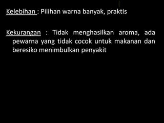 Lili Andajani, S.Pd, M.Pd
Kelebihan : Pilihan warna banyak, praktis
Kekurangan : Tidak menghasilkan aroma, ada
pewarna yang tidak cocok untuk makanan dan
beresiko menimbulkan penyakit
 