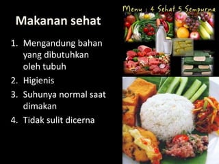 Lili Andajani, S.Pd, M.Pd
Makanan sehat
1. Mengandung bahan
yang dibutuhkan
oleh tubuh
2. Higienis
3. Suhunya normal saat
dimakan
4. Tidak sulit dicerna
 