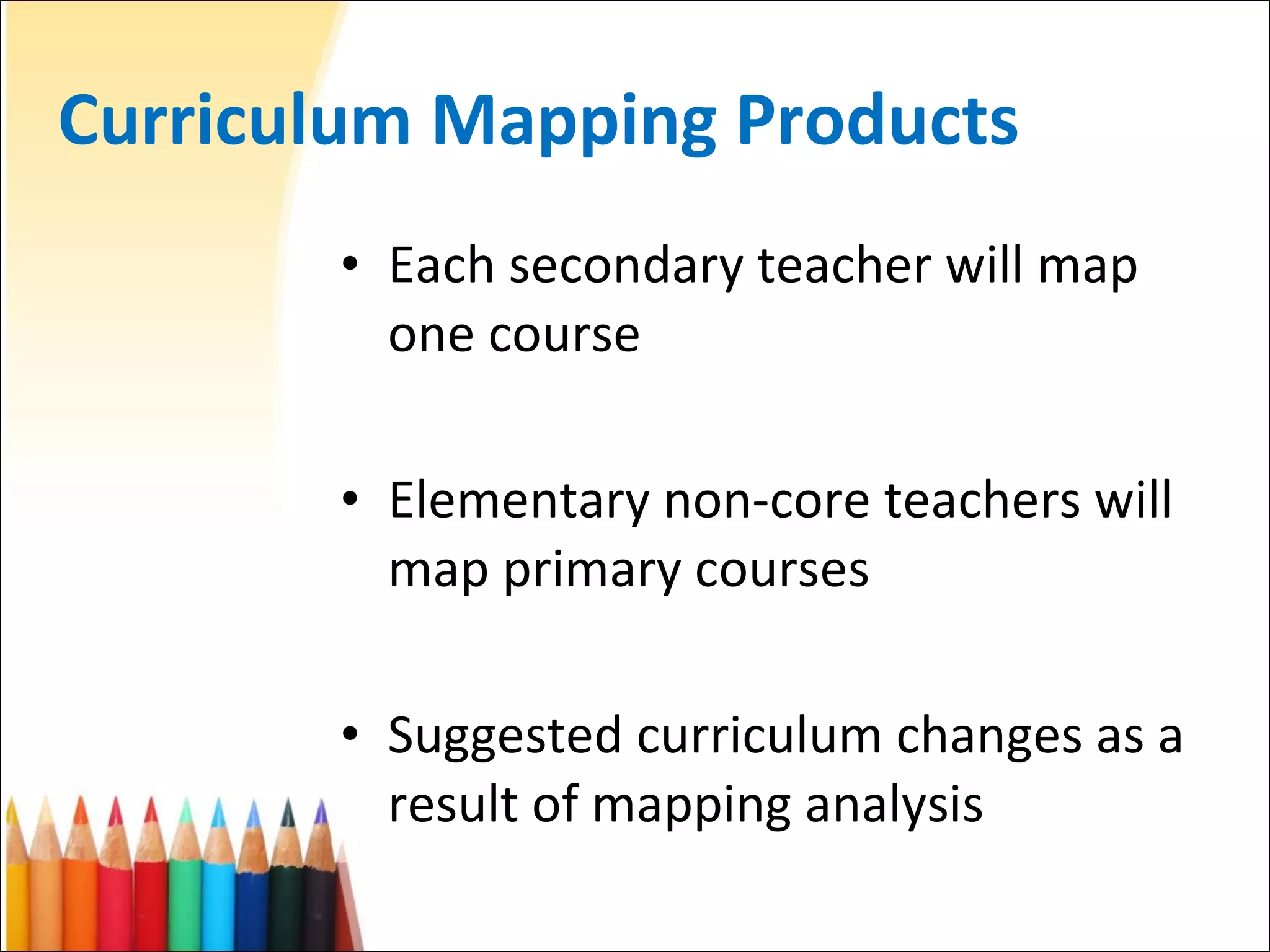 Curriculum Mapping Products Each secondary teacher will map one course Elementary non-core teachers will map primary courses  Suggested curriculum changes as a result of mapping analysis 