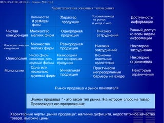 RESURS-TORG.RU.GG Лекция №8 Стр.2
Характеристика основных типов рынка
Количество
и размеры
фирм
Характер
продукции
Условия выхода
на рынок
и ухода с него
Доступность
информации
Чистая
конкуренция
Монополистическая
конкуренция
Олигополия
Монополия
Множество
мелких фирм
Однородная
продукция
Никаких
затруднений
Равный доступ
ко всем видам
информации
Множество
мелких фирм
Разнородная
продукция
Никаких
затруднений
Некоторое
затруднение
Число фирм
невелико, есть
крупные фирмы
Разнородная
или однородная
продукция
Возможны
отдельные
препятствия
Некоторые
ограничения
Одна или
несколько
крупных фирм
Уникальная
продукция
Практически
непреодолимые
барьеры на входе
Некоторые
ограничения
Рынок продавца и рынок покупателя
„Рынок продавца “ - это такой тип рынка. На котором спрос на товар
Превосходит его предложение:
Характерные черты „рынка продавца“: наличие дифицита, недостаточное качество
товара, высокие цены.