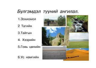 Бүлгэмдэл түүний ангилал.
1.Зохиомол

2 Тагийн

3.Тайгын

4. Хээрийн

5.Говь цөлийн


6.Ус намгийн
 