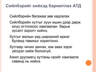 Сийлбэрийг хийхэд баримтлах АТД Сийлбэрийн багажаа зөв хадгалах Сийлбэрийн хутгыг зүүн ишин дээр дарж илүү огтлохоос хамгаалан  барьж зүсэлт зоролт хийнэ. Хутгыг ажлын үед ширээний ирмэг буланд тавихыг хориглоно. Хутгаар чичих зангах, юм заах зэрэг үйлдэл хийж болохгүй. Ажил дуусмагц хутганы ирийг хамгаалж саванд нь хийнэ. 