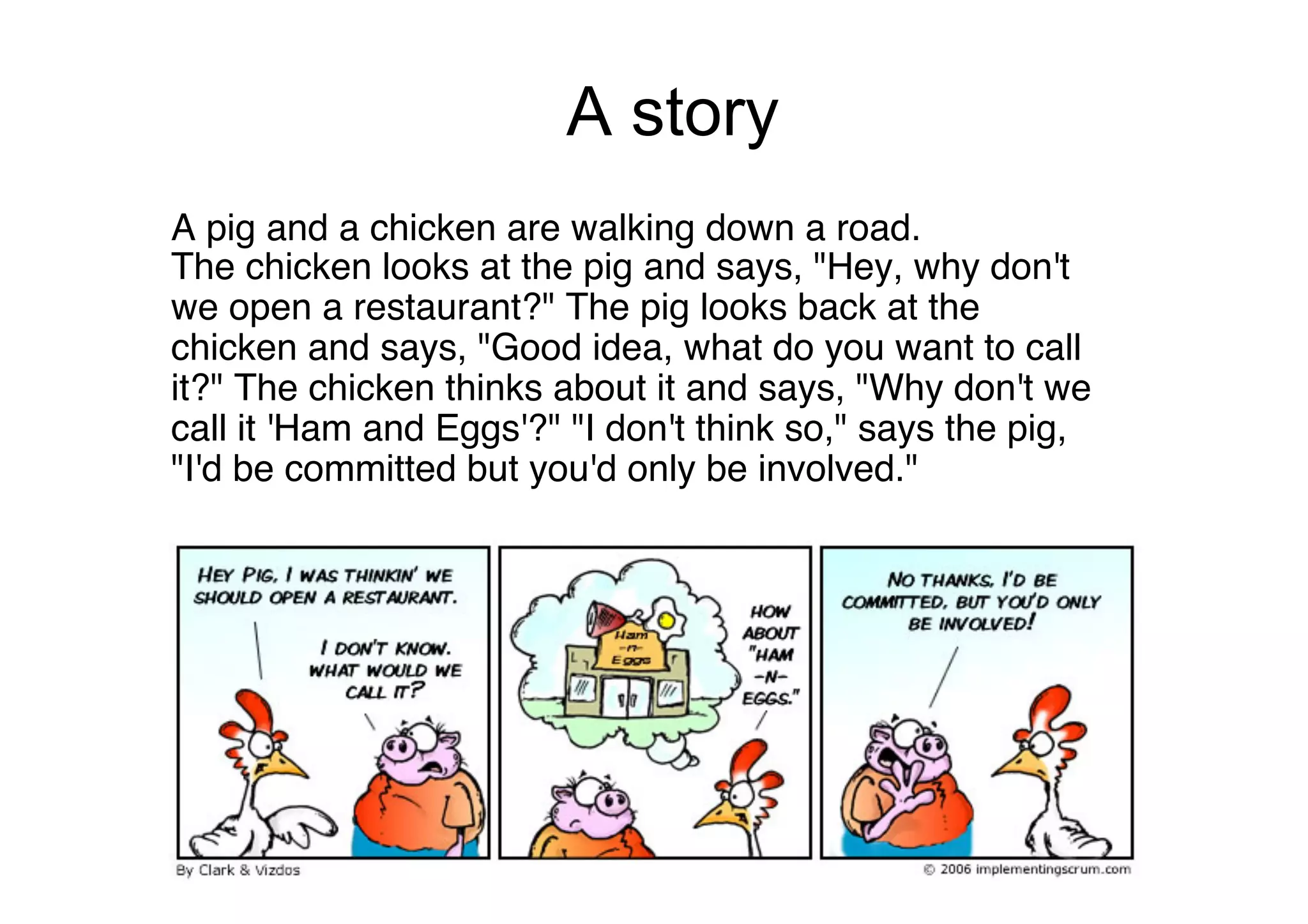 A story
A pig and a chicken are walking down a road.  
The chicken looks at the pig and says, "Hey, why don't
we open a restaurant?" The pig looks back at the
chicken and says, "Good idea, what do you want to call
it?" The chicken thinks about it and says, "Why don't we
call it 'Ham and Eggs'?" "I don't think so," says the pig,
"I'd be committed but you'd only be involved."#
 