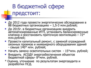 В бюджетной сфере предстоит: До 2012 года провести энергетические обследования в 88 бюджетных организациях – 1,5-3 млн.рублей; До 2015г. в бюджетных организациях внедрить автоматизированные ИТП, установить балансировочные клапана и восстановить приточную вентиляцию – 72* млн.рублей; Провести капитальный ремонт, с заменой ограждений оконных проемов и инженерного оборудования зданий - свыше 140* млн. рублей; Начать замену осветительных систем  - 15*млн. рублей; Внедрить  АСОДУ энергообеспечения объектов бюджетной сферы- 8*млн. рублей. * Оценка, уточнение  по результатам энергоаудита и разработки ПСД.  