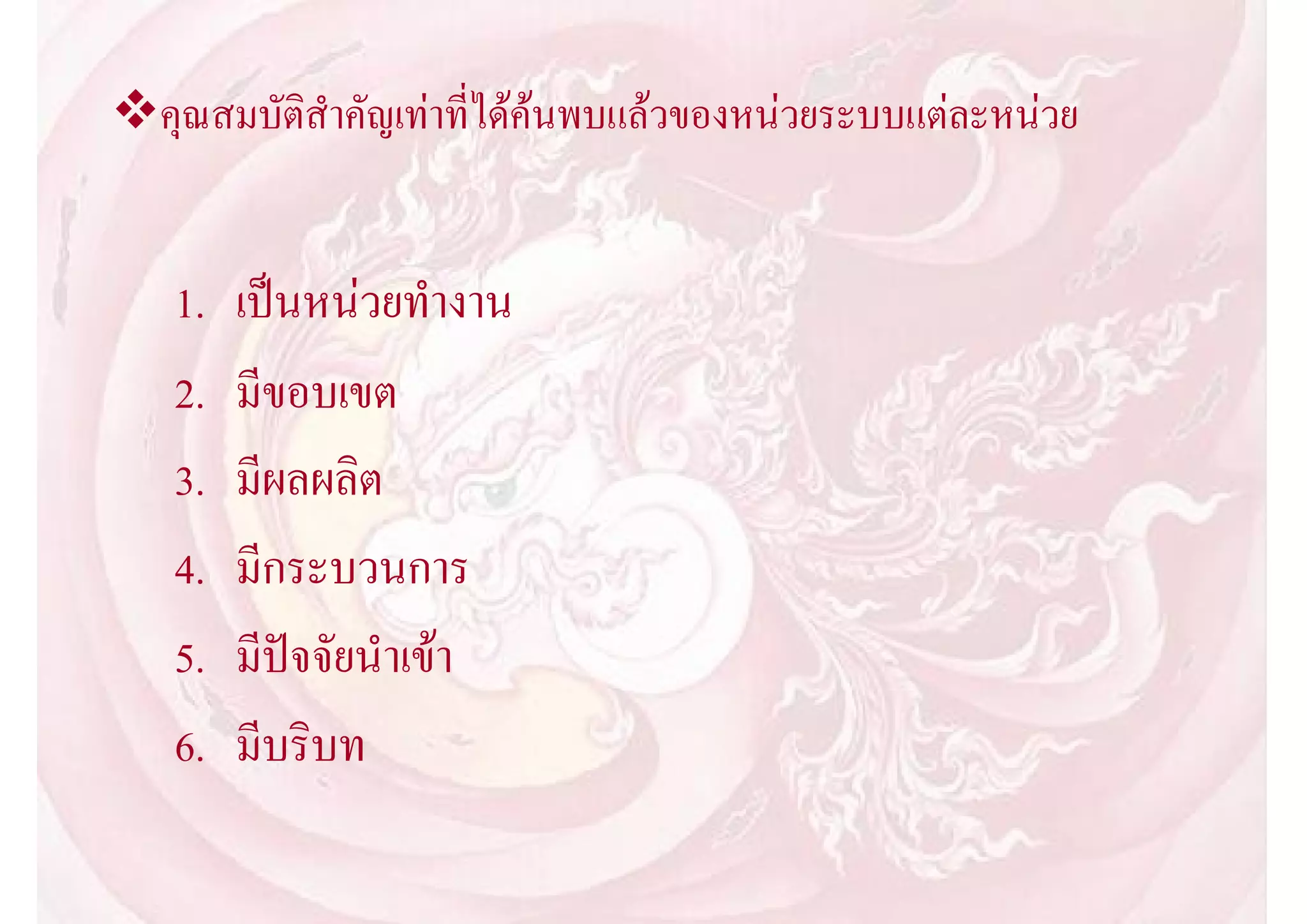 คุณสมบัติสําคัญเทาที่ไดคนพบแลวของหนวยระบบแตละหนวย


   1.   เปนหนวยทํางาน
   2.   มีขอบเขต
   3.   มีผลผลิต
   4.   มีกระบวนการ
   5.   มีปจจัยนําเขา
   6.   มีบริบท
 