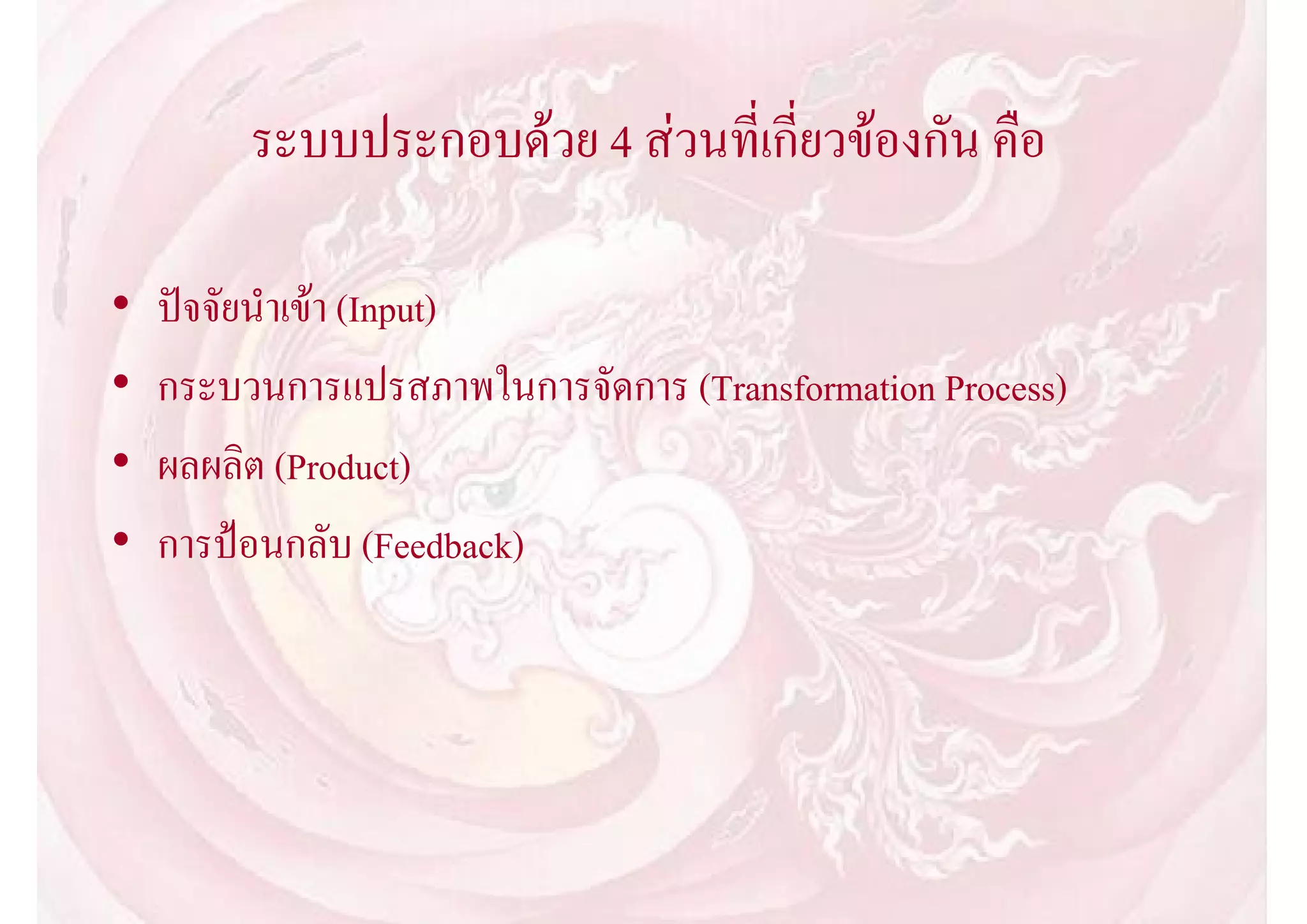 ระบบประกอบดวย 4 สวนที่เกี่ยวของกัน คือ

•   ปจจัยนําเขา (Input)
•   กระบวนการแปรสภาพในการจัดการ (Transformation Process)
•   ผลผลิต (Product)
•   การปอนกลับ (Feedback)
 