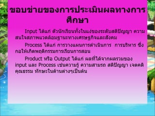 ขอบข่ายของการประเมินผลทางการศึกษา Input  ได้แก่ ตัวนักเรียนทั้งในแง่ของระดับสติปัญญา ความสนใจสภาพแวดล้อมฐานะทางเศรษฐกิจและสังคม Process   ได้แก่ การวางแผนการดำเนินการ  การบริหาร ซึ่งกอให้เกิดพฤติกรรมการเรียนการสอน Product  หรือ  Output  ได้แก่ ผลที่ได้จากผลรวมของ  input  และ  Process  เช่นความรู้ ความสามรถ สติปัญญา เจตคติ คุณธรรม ทักษะในด้านต่างๆเป็นต้น 