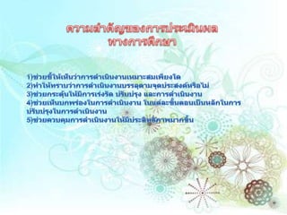 ความสำคัญของการประเมินผลทางการศึกษา1)ช่วยชี้ให้เห็นว่าการดำเนินงานเหมาะสมเพียงใด 2)ทำให้ทราบว่าการดำเนินงานบรรลุตามจุดประสงค์หรือไม่ 3)ช่วยกระตุ้นให้มีการเร่งรัด ปรับปรุง และการดำเนินงาน 4)ช่วยเห็นบกพร่องในการดำเนินงาน ในแต่ละขั้นตอนเป็นหลักในการปรับปรุงในการดำเนินงาน 5)ช่วยควบคุมการดำเนินงานให้มีประสิทธิภาพมากขึ้น 