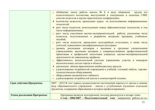 • обобщение опыта работы школы № 8 в виде сборников              трудов его
                                педагогического коллектива, выступлений в электронных и печатных СМИ,
                                участия педагогов в научно-практических конференциях;
                              • количество педагогов, прошедших курсы по использованию информационных
                                технологий;
                              • рост числа педагогов, использующих новые образовательные технологии, в том
                                числе информационные;
                              • рост числа участников научно-экспериментальной работы; увеличение числа
                                педагогов, подготовленных к разработке авторских программ, учебников,
                                пособий;
                              • рост числа педагогов, прошедших категорийную аттестацию; а также числа
                                учителей, повысивших квалификационную категорию;
                              • уровень реализации договоров с высшими и средними специальными
                                учреждениями, научными центрами о совершенствовании профессиональной
                                ориентации и профильной подготовки учащихся; научно-экспериментальной
                                деятельности по заявленному профилю;
                              • эффективность воспитательной системы учреждения; участие в конкурсах
                                воспитательных систем города и области;
                              • увеличение объема привлеченных внебюджетных средств;
                              • удовлетворение потребностей учреждения в учебной, столовой мебели, торгово-
                                технологическом оборудовании;
                              • оборудование медицинского кабинета;
                              • удовлетворение потребностей школы в компьютерной технике;
Срок действия Программы      2007 – 2012 В этот период осуществляется постепенный переход от школы к новому
                             виду образовательного учреждения – школы с углубленным изучением отдельных
                             предметов, содержание образования в котором профилизированно.

Этапы реализации Программы          Программа является долгосрочной, поэтому реализуется в четыре этапа:
                                    I этап - 2006/2007 . - Подготовительный этап – завершение работы по со-
                                                                                                      15
 