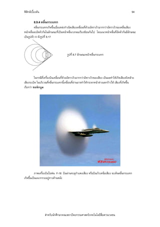 ฟสิกสเบื้องตน                                                                                       94

          8.9.4 คลื่นกระแทก
          คลื่นกระแทกเกิดขึ้นเมื่อแหลงกําเนิดเสียงเคลื่อนที่ดวยอัตราเร็วมากกวาอัตราเร็วของคลื่นเสียง
หนาคลื่นจะอัดตัวกันในลักษณะที่เปนหนาคลื่นวงกลมเรียงซอนกันไป โดยแนวหนาคลื่นที่อัดตัวกันมีลักษณะ
เปนรูปตัว V ดังรูปที่ 8.17



                                         รูปที่ 8.7 ลักษณะหนาคลื่นกระแทก




          ในกรณีที่เครื่องบินเคลื่อนที่ดวยอัตราเร็วมากกวาอัตราเร็วของเสียง เปนผลทําใหเกิดเสียงดังคลาย
เสียงระเบิด ในบริเวณที่คลื่นกระแทกนี้เคลื่อนที่ผานอาจทําใหกระจกหนาตางแตกราวได เสียงที่เกิดขึ้น
เรียกวา ซอนิกบูม




          ภาพเครื่องบินไอพน F-18 บินผานทะลุกําแพงเสียง หรือบินเร็วเหนือเสียง จะเห็นคลื่นกระแทก
เกิดขึ้นเปนแนวกรวยอยูทางดานหลัง




                    สําหรับนักศึกษาคณะสถาปตยกรรมศาสตร/เทคโนโลยีสื่อสารมวลชน
 