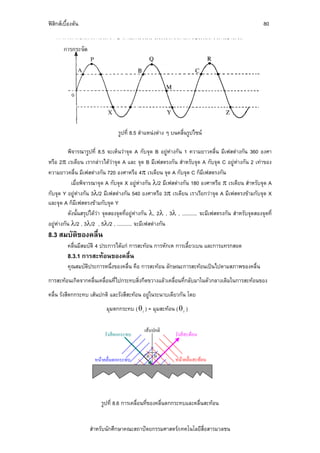 ฟสิกสเบื้องตน                                                                                          80




                                  รูปที่ 8.5 ตําแหนงตาง ๆ บนคลื่นรูปไซน

          พิจารณารูปที่ 8.5 จะเห็นวาจุด A กับจุด B อยูหางกัน 1 ความยาวคลื่น มีเฟสตางกัน 360 องศา
หรือ 2π เรเดียน เรากลาวไดวาจุด A และ จุด B มีเฟสตรงกัน สําหรับจุด A กับจุด C อยูหางกัน 2 เทาของ
ความยาวคลื่น มีเฟสตางกัน 720 องศาหรือ 4π เรเดียน จุด A กับจุด C ก็มีเฟสตรงกัน
            เมื่อพิจารณาจุด A กับจุด X อยูหางกัน λ/2 มีเฟสตางกัน 180 องศาหรือ π เรเดียน สําหรับจุด A
กับจุด Y อยูหางกัน 3λ/2 มีเฟสตางกัน 540 องศาหรือ 3π เรเดียน เราเรียกวาจุด A มีเฟสตรงขามกับจุด X
และจุด A ก็มีเฟสตรงขามกับจุด Y
          ดังนั้นสรุปไดวา จุดสองจุดที่อยูหางกัน λ, 2λ , 3λ , ........... จะมีเฟสตรงกัน สําหรับจุดสองจุดที่
อยูหางกัน λ/2 , 3λ/2 , 5λ/2 , ........... จะมีเฟสตางกัน
     
8.3 สมบัติของคลื่น
          คลื่นมีสมบัติ 4 ประการไดแก การสะทอน การหักเห การเลี้ยวเบน และการแทรกสอด
          8.3.1 การสะทอนของคลื่น
          คุณสมบัติประการหนึ่งของคลื่น คือ การสะทอน ลักษณะการสะทอนเปนไปตามสภาพของคลื่น
การสะทอนเกิดจากคลื่นเคลื่อนที่ไปกระทบสิ่งกีดขวางแลวเคลื่อนที่กลับมาในตัวกลางเดิมในการสะทอนของ
คลื่น รังสีตกกระทบ เสนปกติ และรังสีสะทอน อยูในระนาบเดียวกัน โดย
                            มุมตกกระทบ ( θ i ) = มุมสะทอน ( θ r )

                                               เสนปกติ
                           รังสีตกกระทบ                       รังสีสะทอน


                                                θi θ r
                      หนาคลื่นตกกระทบ                        หนาคลื่นสะทอน




                          รูปที่ 8.6 การเคลื่อนที่ของคลื่นตกกระทบและคลื่นสะทอน


                    สําหรับนักศึกษาคณะสถาปตยกรรมศาสตร/เทคโนโลยีสื่อสารมวลชน
 