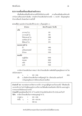 ฟสิกสเบื้องตน                                                                                   85

8.5 การเคลื่อนที่ของเสียงผานตัวกลาง
         เมื่อคลื่นเสียงเคลื่อนที่ผานตัวกลางหนึ่งไปยังอีกตัวกลางหนึ่ง ความถี่ของคลื่นเสียงจะมีคาคงตัว
เทากับความถี่ของแหลงกําเนิดเสียง สวนอัตราเร็วของเสียงในตัวกลางหนึ่ง ๆ จะคงตัว เมื่ออุณหภูมิของ
ตัวกลางนั้นคงตัว ดังแสดงในตารางตอไปนี้

ตารางที่ 8.1 แสดงอัตราเร็วของเสียงที่ตัวกลางตาง ๆ ที่อุณหภูมิตาง ๆ
                       ตัวกลาง                        อัตราเร็ว (เมตร / วินาที)
          แกส
                    อากาศ (0o C)                                 331
                    อากาศ (20o C)                                343
                    ไฮโดรเจน (0o C)                             1286
                    ออกซิเจน (0o C)                              317
                    ฮีเลียม (0o C)                               972
          ของเหลว (25o C)
                น้ํา                                            1493
                เมทิลแอลกอฮอล                                  1143
                น้ําทะเล                                        1533
          ของแข็ง
                    อะลูมิเนียม                                 5100
                    ทองแดง                                      3560
                    เหล็ก                                       5130
                    ตะกั่ว                                      1322

        จากอัตราเร็วของเสียงในอากาศพบวา อัตราเร็วของเสียงมีความสัมพันธกับอุณหภูมิของอากาศ โดย
เปนไปตามสมการ
                vt        =       331 + 0.6t                                               (8.6)
        เมื่อ   vt เปนอัตราเร็วของเสียงในอากาศที่อุณหภูมิ t ใด ๆ มีหนวยเปน เมตร/วินาที
                t เปนอุณหภูมิของอากาศมีหนวยเปนองศาเซลเซียส

ตัวอยางที่ 8.3 คนงานซอมทางรถไฟเคาะรางรถไฟ ปรากฏวาผูที่อยูหางออกไประยะหนึ่ง ไดยินเสียงเมื่อ
เวลาผานไป 2.0 วินาที ถาผูฟงแนบหูกับรางรถไฟ เขาจะไดยินเสียงกอนหรือหลังกวานี้เทาใด และเขาอยูหาง
จากคนงานรถไฟเปนระยะทางเทาใด
กําหนดให อุณหภูมิขณะนั้นเทากับ 15 oC และอัตราเร็วของเสียงในเหล็กเทากับ 5130 เมตร/วินาที
วิธีทํา หาอัตราเร็วของเสียงในอากาศขณะอุณหภูมิ 15 oC
        จากสูตร vt        =        331 + 0.6t
        ดังนั้น vt        =        331 + 0.6 (15)
                          =        340 m/s



                     สําหรับนักศึกษาคณะสถาปตยกรรมศาสตร/เทคโนโลยีสื่อสารมวลชน
 