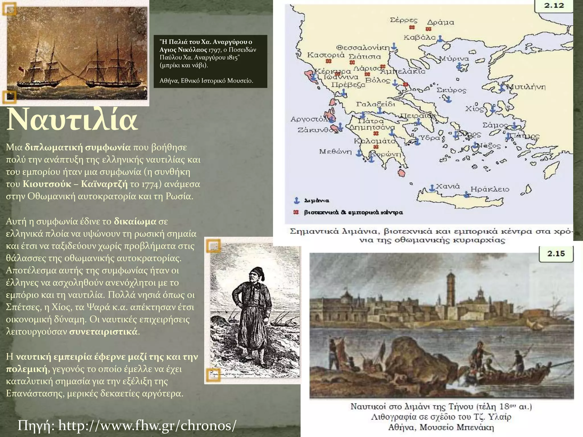 "Η Παλιά του Χα. Αναργύρου ο
                                   Αγιοσ Νικόλαοσ 1797, ο Ποςειδών
                                   Παύλου Χα. Αναργύρου 1815"
                                   (μπρύκι και νϊβι).

                                   Αθόνα, Εθνικό Ιςτορικό Μουςεύο.




Ναυτιλία
Μια διπλωματική ςυμφωνία που βοόθηςε
πολύ την ανϊπτυξη τησ ελληνικόσ ναυτιλύασ και
του εμπορύου όταν μια ςυμφωνύα (η ςυνθόκη
του Κιουτςούκ – Καΰναρτζή το 1774) ανϊμεςα
ςτην Οθωμανικό αυτοκρατορύα και τη Ρωςύα.

Αυτό η ςυμφωνύα ϋδινε το δικαίωμα ςε
ελληνικϊ πλούα να υψώνουν τη ρωςικό ςημαύα
και ϋτςι να ταξιδεύουν χωρύσ προβλόματα ςτισ
θϊλαςςεσ τησ οθωμανικόσ αυτοκρατορύασ.
Αποτϋλεςμα αυτόσ τησ ςυμφωνύασ όταν οι
ϋλληνεσ να αςχοληθούν ανενόχλητοι με το
εμπόριο και τη ναυτιλύα. Πολλϊ νηςιϊ όπωσ οι
΢πϋτςεσ, η Χύοσ, τα Ψαρϊ κ.α. απϋκτηςαν ϋτςι
οικονομικό δύναμη. Οι ναυτικϋσ επιχειρόςεισ
λειτουργούςαν ςυνεταιριςτικά.

H ναυτική εμπειρία έφερνε μαζί τησ και την
πολεμική, γεγονόσ το οπούο ϋμελλε να ϋχει
καταλυτικό ςημαςύα για την εξϋλιξη τησ
Eπανϊςταςησ, μερικϋσ δεκαετύεσ αργότερα.


  Πηγό: http://www.fhw.gr/chronos/
 