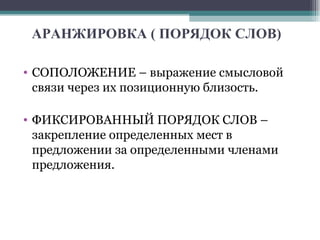 АРАНЖИРОВКА ( ПОРЯДОК СЛОВ) СОПОЛОЖЕНИЕ – выражение смысловой связи через их позиционную близость.  ФИКСИРОВАННЫЙ ПОРЯДОК СЛОВ – закрепление определенных мест в предложении за определенными членами предложения. 
