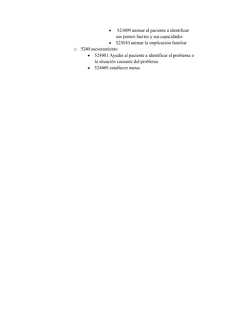 523009 animar al paciente a identificar
                     sus puntos fuertes y sus capacidades
                     523010 animar la implicación familiar
o 5240 asesoramiento
         524001 Ayudar al paciente a identificar el problema o
         la situación causante del problema
         524009 establecer metas
 