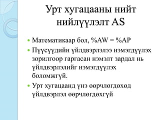 Урт хугацааны нийт
       нийлүүлэлт AS
 Математикаар бол, %AW = %AP
 Пүүсүүдийн үйлдвэрлэлээ нэмэгдүүлэх
  зорилгоор гаргасан нэмэлт зардал нь
  үйлдвэрлэлийг нэмэгдүүлэх
  боломжгүй.
 Урт хугацаанд үнэ өөрчлөгдөхөд
  үйлдвэрлэл өөрчлөгдөхгүй
 