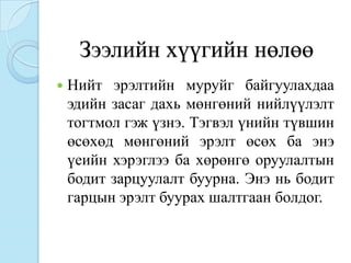 Зээлийн хүүгийн нөлөө
   Нийт эрэлтийн муруйг байгуулахдаа
    эдийн засаг дахь мөнгөний нийлүүлэлт
    тогтмол гэж үзнэ. Тэгвэл үнийн түвшин
    өсөхөд мөнгөний эрэлт өсөх ба энэ
    үеийн хэрэглээ ба хөрөнгө оруулалтын
    бодит зарцуулалт буурна. Энэ нь бодит
    гарцын эрэлт буурах шалтгаан болдог.
 