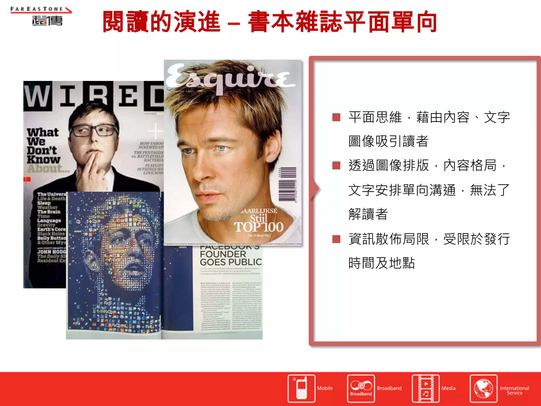 閱讀的演進 – 書本雜誌平面單向	
  


               平面思維，藉由內容、文字
              圖像吸引讀者
               透過圖像排版，內容格局，
              文字安排單向溝通，無法了
              解讀者
               資訊散佈局限，受限於發行
              時間及地點
 