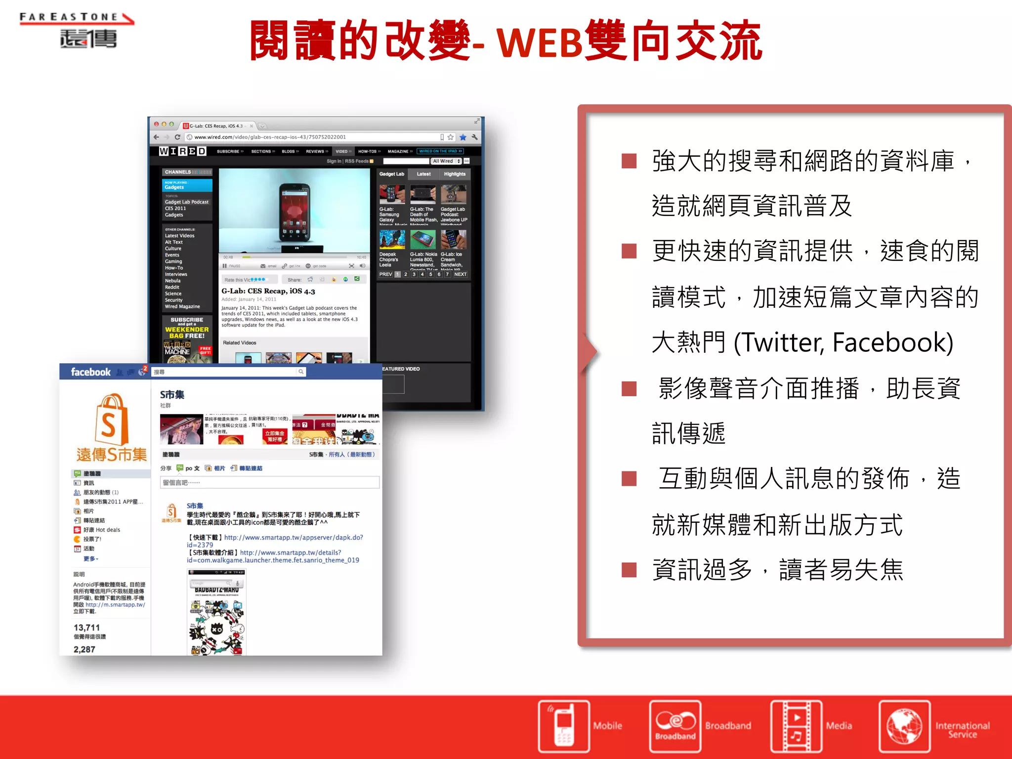 閱讀的改變-­‐	
  WEB雙向交流	
  

                  強大的搜尋和網路的資料庫，
                 造就網頁資訊普及
                  更快速的資訊提供，速食的閱
                 讀模式，加速短篇文章內容的
                 大熱門 (Twitter, Facebook)
                  影像聲音介面推播，助長資
                 訊傳遞
                  互動與個人訊息的發佈，造
                 就新媒體和新出版方式
                  資訊過多，讀者易失焦
 