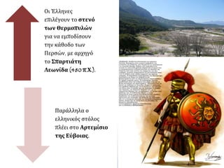 Οι Έλληνες
επιλέγουν το στενό
των Θερμοπυλών
για να εμποδίσουν
την κάθοδο των
Περσών, με αρχηγό
το Σπαρτιάτη
Λεωνίδα (480 π.Χ.).
Παράλληλα ο
ελληνικός στόλος
πλέει στο Αρτεμίσιο
της Εύβοιας.
 