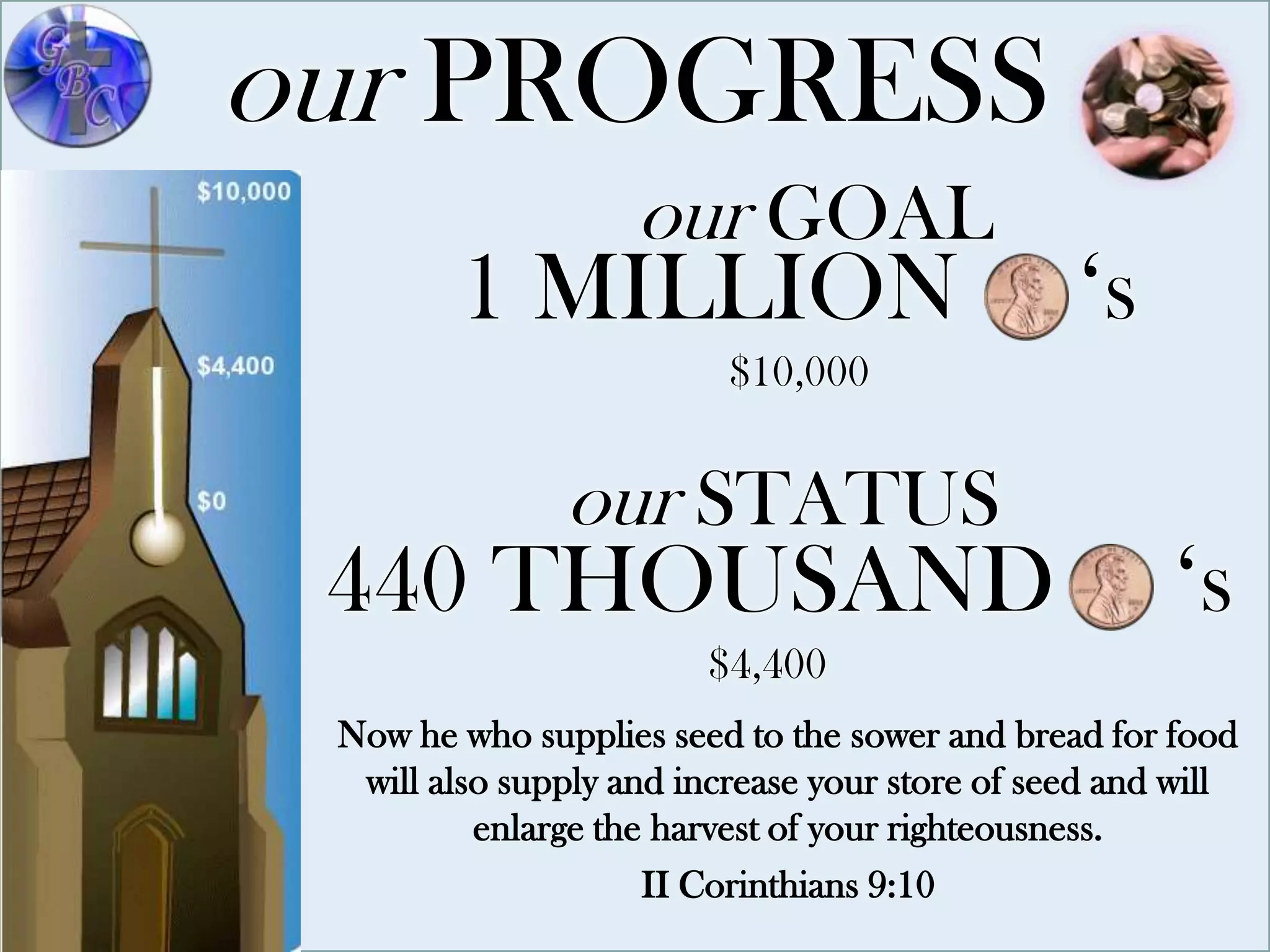 our PROGRESS
                    our GOAL
        1 MILLION                               ‘s
                          $10,000


               our STATUS
 440 THOUSAND                                         ‘s
                        $4,400
 Now he who supplies seed to the sower and bread for food
  will also supply and increase your store of seed and will
          enlarge the harvest of your righteousness.
                     II Corinthians 9:10
 