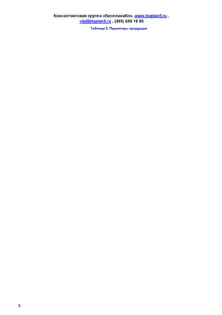 Консалтинговая группа «БизпланиКо», www.bizplan5.ru ,
               vip@bizplan5.ru , (495) 645 18 95
                    Таблица 3. Параметры продукции




8
 
