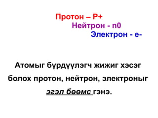 Протон – P+
              Нейтрон - n0
                   Электрон - e-


 Атомыг бүрдүүлэгч жижиг хэсэг
болох протон, нейтрон, электроныг
        эгэл бөөмс гэнэ.
 