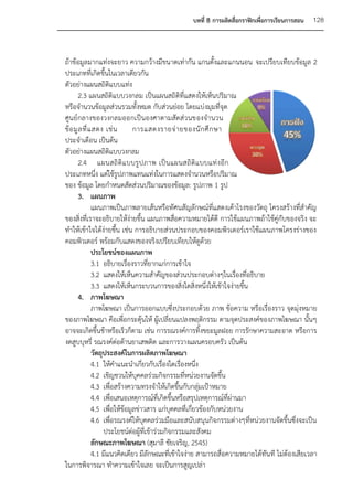 บทที่ 8 การผลิตสื่อกราฟิกเพื่อการเรียนการสอน   128



ถ้าข้อมูลมากแท่งจะยาว ความกว้างมีขนาดเท่ากัน แกนตั้งและแกนนอน จะเปรียบเทียบข้อมูล 2
ประเภทที่เกิดขึ้นในเวลาเดียวกัน
ตัวอย่างแผนสถิติแบบแท่ง
        2.3 แผนสถิติแบบวงกลม เป็นแผนสถิติที่แสดงให้เห็นปริมาณ
หรือจานวนข้อมูลส่วนรวมทั้งหมด กับส่วนย่อย โดยแบ่งมุมที่จุด
ศูนย์กลางของวงกลมออกเป็นองศาตามสัดส่วนของจานวน
ข้ อ มู ล ที่ แ สดง เช่ น       การแสดงรายจ่ า ยของนั ก ศึ ก ษา
ประจาเดือน เป็นต้น
ตัวอย่างแผนสถิติแบบวงกลม
        2.4 แผนสถิ ติ แ บบรู ป ภาพ เป็ น แผนสถิ ติ แ บบแท่ งอี ก
ประเภทหนึ่ง แต่ใช้รูปภาพแทนแท่งในการแสดงจานวนหรือปริมาณ
ของ ข้อมูล โดยกาหนดสัดส่วนปริมาณของข้อมูล: รูปภาพ 1 รูป
        3. แผนภาพ
               แผนภาพเป็นภาพลายเส้นหรือทัศนสัญลักษณ์ที่แสดงเค้าโรงของวัตถุ โครงสร้างที่สาคัญ
ของสิ่งที่เราจะอธิบายให้ง่ายขึ้น แผนภาพสื่อความหมายได้ดี การใช้แผนภาพถ้าใช้คู่กับของจริง จะ
ทาให้เข้าใจได้ง่ายขึ้น เช่น การอธิบายส่วนประกอบของคอมพิวเตอร์เราใช้แผนภาพโครงร่างของ
คอมพิวเตอร์ พร้อมกับแสดงของจริงเปรียบเทียบให้ดูด้วย
               ประโยชน์ของแผนภาพ
               3.1 อธิบายเรื่องราวที่ยากแก่การเข้าใจ
               3.2 แสดงให้เห็นความสาคัญของส่วนประกอบต่างๆในเรื่องที่อธิบาย
               3.3 แสดงให้เห็นกระบวนการของสิ่งใดสิ่งหนึ่งให้เข้าใจง่ายขึ้น
        4. ภาพโฆษณา
               ภาพโฆษณา เป็นการออกแบบซึ่งประกอบด้วย ภาพ ข้อความ หรือเรื่องราว จุดมุ่งหมาย
ของภาพโฆษณา คือเพื่อกระตุ้นให้ ผู้เปลี่ยนแปลงพฤติกรรม ตามจุดประสงค์ของภาพโฆษณา นั้นๆ
อาจจะเกิดขึ้นช้าหรือเร็วก็ตาม เช่น การรณรงค์การทิ้งขยะมูลฝอย การรักษาความสะอาด หรือการ
งดสูบบุหรี่ รณรงค์ต่อต้านยาเสพติด และการวางแผนครอบครัว เป็นต้น
               วัตถุประสงค์ในการผลิตภาพโฆษณา
               4.1 ให้คาแนะนาเกี่ยวกับเรื่องใดเรื่องหนึ่ง
               4.2 เชิญชวนให้บุคคลร่วมกิจกรรมที่หน่วยงานจัดขึ้น
               4.3 เพื่อสร้างความทรงจาให้เกิดขึ้นกับกลุ่มเป้าหมาย
               4.4 เพื่อเสนอเหตุการณ์ที่เกิดขึ้นหรือสรุปเหตุการณ์ที่ผ่านมา
               4.5 เพื่อให้ข้อมูลข่าวสาร แก่บุคคลที่เกี่ยวข้องกับหน่วยงาน
               4.6 เพื่อรณรงค์ให้บุคคลร่วมมือและสนับสนุนกิจกรรมต่างๆที่หน่วยงานจัดขึ้นซึ่งจะเป็น
                    ประโยชน์ต่อผู้ที่เข้าร่วมกิจกรรมและสังคม
               ลักษณะภาพโฆษณา (สุมาลี ชัยเจริญ, 2545)
               4.1 มีแนวคิดเดียว มีลักษณะที่เข้าใจง่าย สามารถสื่อความหมายได้ทัน ที ไม่ต้องเสียเวลา
ในการพิจารณา ทาความเข้าใจเลย จะเป็นการสูญเปล่า
 