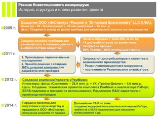 Резюме Инвестиционного меморандума
              История, структура и планы развития проекта


               Создание ООО «ИнСпектр» (Россия) и “Enhanced Spectrometry” LLC (USA).
               Инвестор - УК «Тройка-Диалог», объем инвестиций – 55 млн. р.
!  2009 г.     Цель: Создание и вывод на рынок прибора для рамановского анализа состава вещества


                                                      Начаты продажи (~$450.000 на 03.12)
               Создана линейка приборов для
                                                      14 дистрибьюторов по всему миру.
               рамановского и люминесцентного
                                                      География продаж:
               анализа состава вещества
                                                      20% Россия, 80% остальные страны
!  2011 г.
               1. Произведены первоначальные          Запросы от дистрибьюторов и клиентов о
               исследования
                                                      возможности производства:
               2. Принято решение о создании
               100% дочерней компании для
                                                      - Раман-люминисцентного микроскопа;
               разработки этих приборов               - портативного Рамановского анализатора.


!   2012 г.     Создание компании/проекта «РамМикс»
                Инвесторы: фонд «Сколково» – 28,9 млн. р. + УК «Тройка-Диалог» – 9,6 млн.р.
                Цель: Создание технических проектов комплекса РамМикс и анализатора РаПорт,
                SERS-подложек и методик их использования. Разделение R&D/ маркетинга и
                производства/продаж

                Передача проектов для           Дальнейшие R&D по теме:
!   2014 г.     подготовки к производству и     - создание недорогой пользовательской версии РаПорт,
                продажам в ООО «ИнСпектр»,      - работа её с SERS-подложками для массового
                получение ройалти от продаж     использования и др.
 