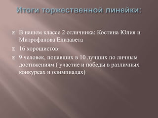    В нашем классе 2 отличника: Костина Юлия и
    Митрофанова Елизавета
   16 хорошистов
   9 человек, попавших в 10 лучших по личным
    достижениям ( участие и победы в различных
    конкурсах и олимпиадах)
 