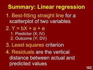 102
Summary: General steps
1. Develop model and hypotheses
2. Check assumptions
3. Choose type
4. Interpret output
5. Develop a regression equation
(if needed)
 