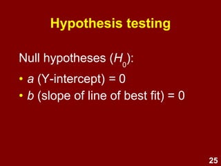 25
Hypothesis testing
Null hypotheses (H0
):
• a (Y-intercept) = 0
Unless the DV is ratio (meaningful 0), we are not
usually very interested in the a value (starting
value of Y when X is 0).
• b (slope of line of best fit) = 0
 