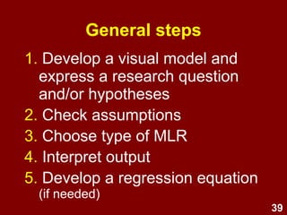 39
General steps
1. Develop a diagrammatic model
and express a research
question and/or hypotheses
2. Check assumptions
3. Choose type of MLR
4. Interpret output
5. Develop a regression equation
(if needed)
 