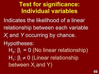 66
Standardised
regression coefficients
• Beta (β) = standardised regression
coefficient
• Useful for comparing the relative
strength of predictors
• β = r in LR but this is only true in
MLR when the IVs are uncorrelated.
 