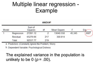 73
Multiple linear regression -
Example
Together, Ignoring Problems and Worrying
explain 30% of the variance in Psychological
Distress in the Australian adolescent
population (R2
= .30, Adjusted R2
= .29).
 
