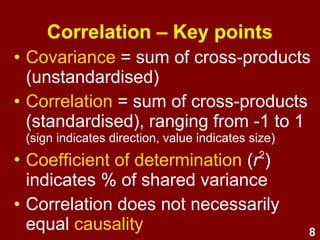 8
Correlation is shared variance
Venn diagrams are helpful for depicting
relations between variables.
.32 .68.68
r2
=
 