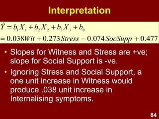 84
Regression equation
• A separate coefficient or slope for
each variable
• An intercept (here its called b0
)
477.0074.0273.0038.0
ˆ 0332211
+−+=
+++=
SocSuppStressWit
bXbXbXbY
 