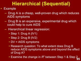 95
• IVs are entered in blocks or stages.
–Researcher defines order of entry for the
variables, based on theory.
–May enter ‘nuisance’ variables first to
‘control’ for them, then test ‘purer’ effect of
next block of important variables.
• R2
change - additional variance in Y
explained at each stage of the regression.
– F test of R2
change.
Hierarchical (Sequential)
 